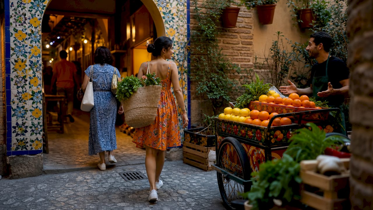 Side alley entrance with local shoppers