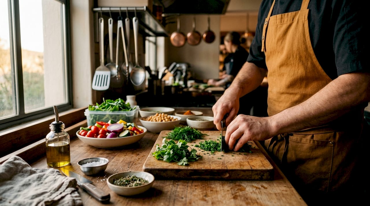 Un chef prepara cuidadosamente verduras frescas sobre la mesa de una cocina profesional.