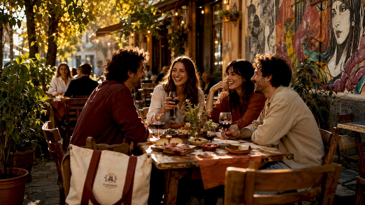 Una terraza de barrio de esas de toda la vida, con mesas llenas de tapas y gente charlando animadamente.