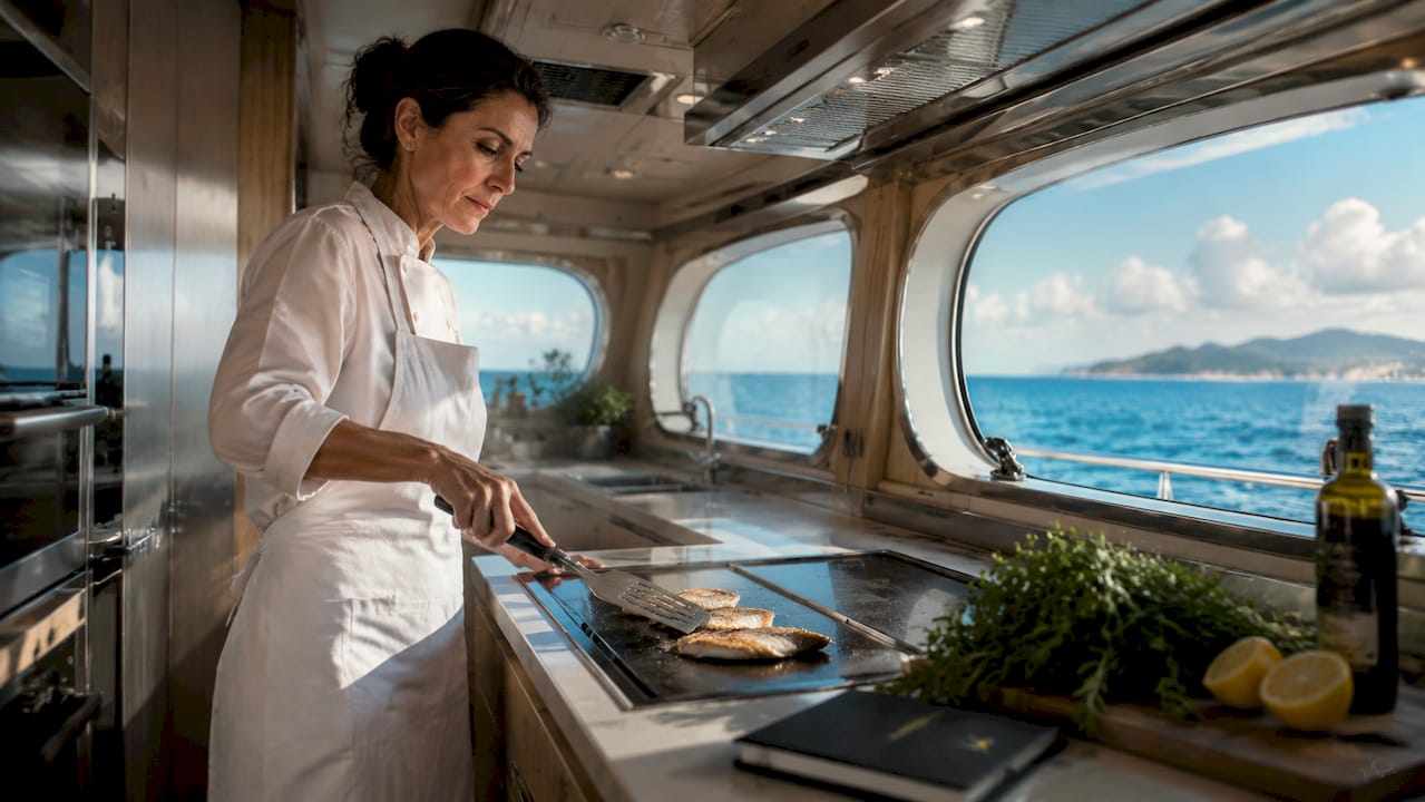 Chef searing fish in yacht galley kitchen