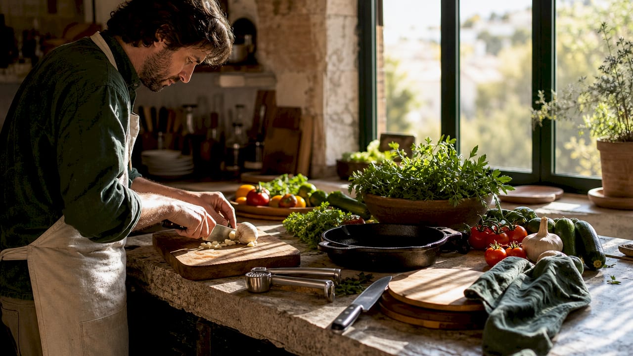 Mediterranean kitchen tools and utensils arranged overhead