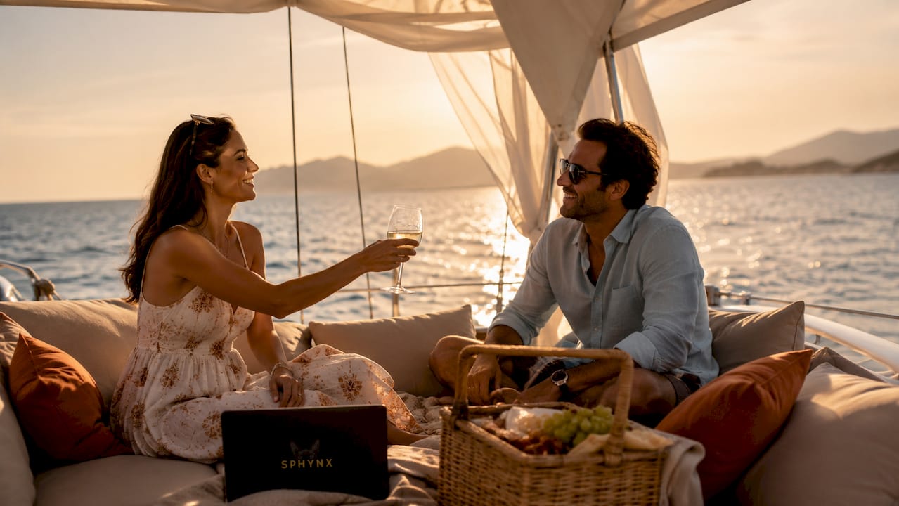 Couple enjoying wine on yacht deck at sunset