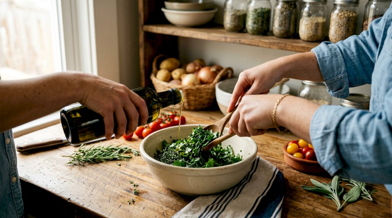 Hands drizzling olive oil over fresh Mediterranean herbs