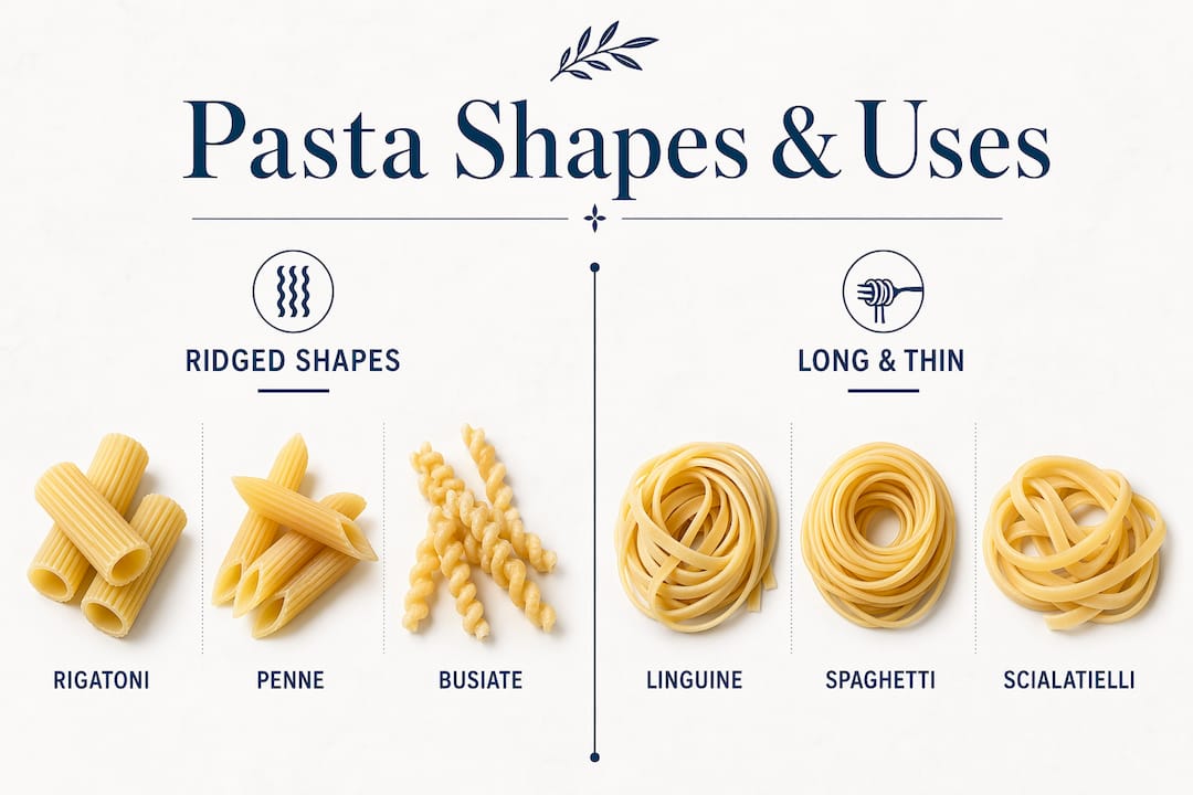 Infographic of Mediterranean pasta shapes and their uses