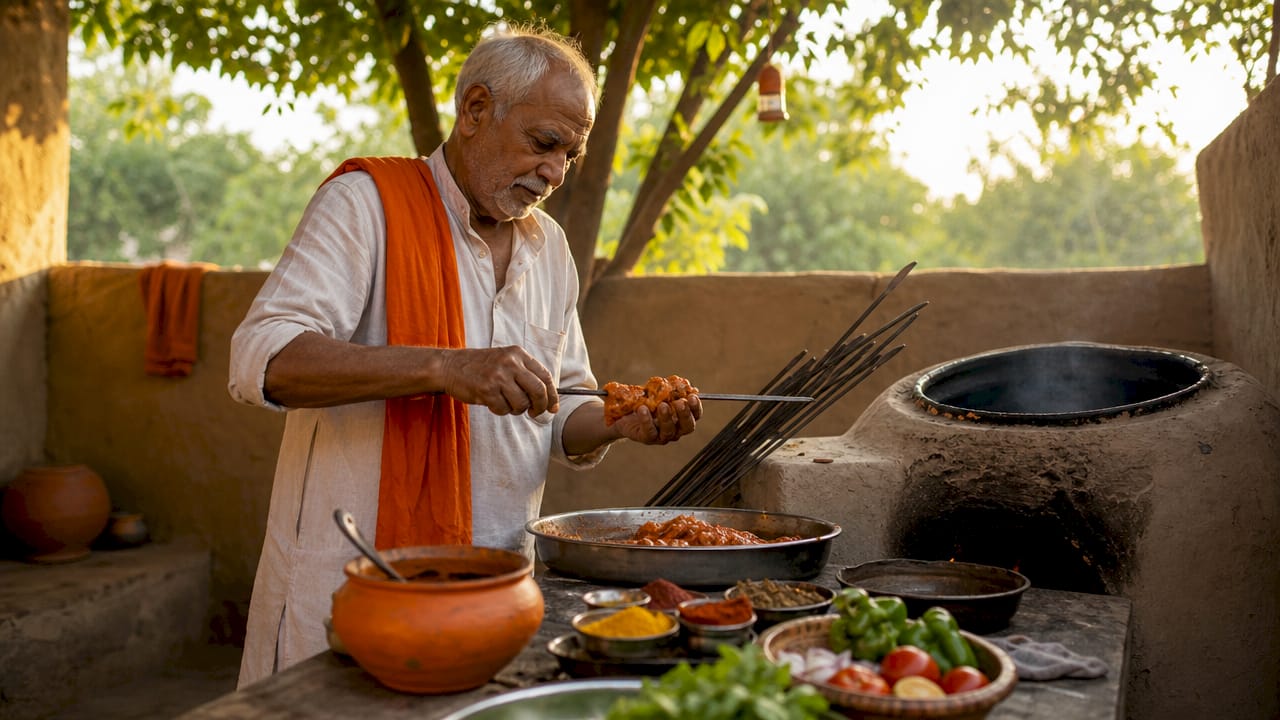Hands threading meat on skewers in rustic kitchen