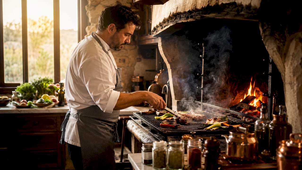 Un chef prepara verduras salteadas en el wok, aprovechando la intensidad del fuego para realzar su sabor y textura.