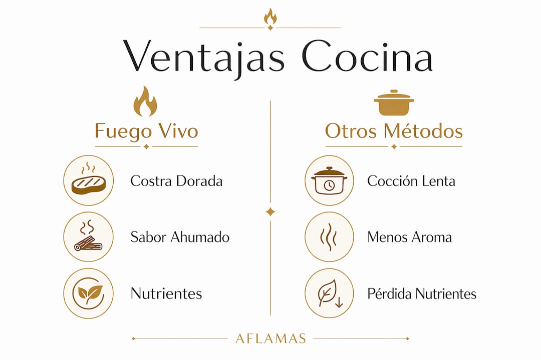 Infografía que muestra las ventajas del fuego tradicional frente a otros métodos de cocción