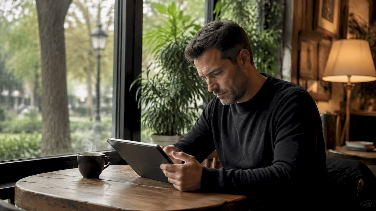 Hombre consultando estrategias de marketing en su tablet