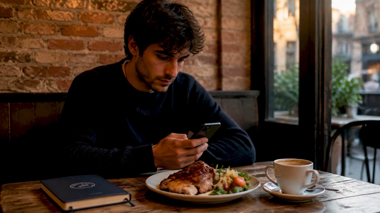 Unas manos sostienen un móvil mientras al lado hay un café y un plato de pollo.