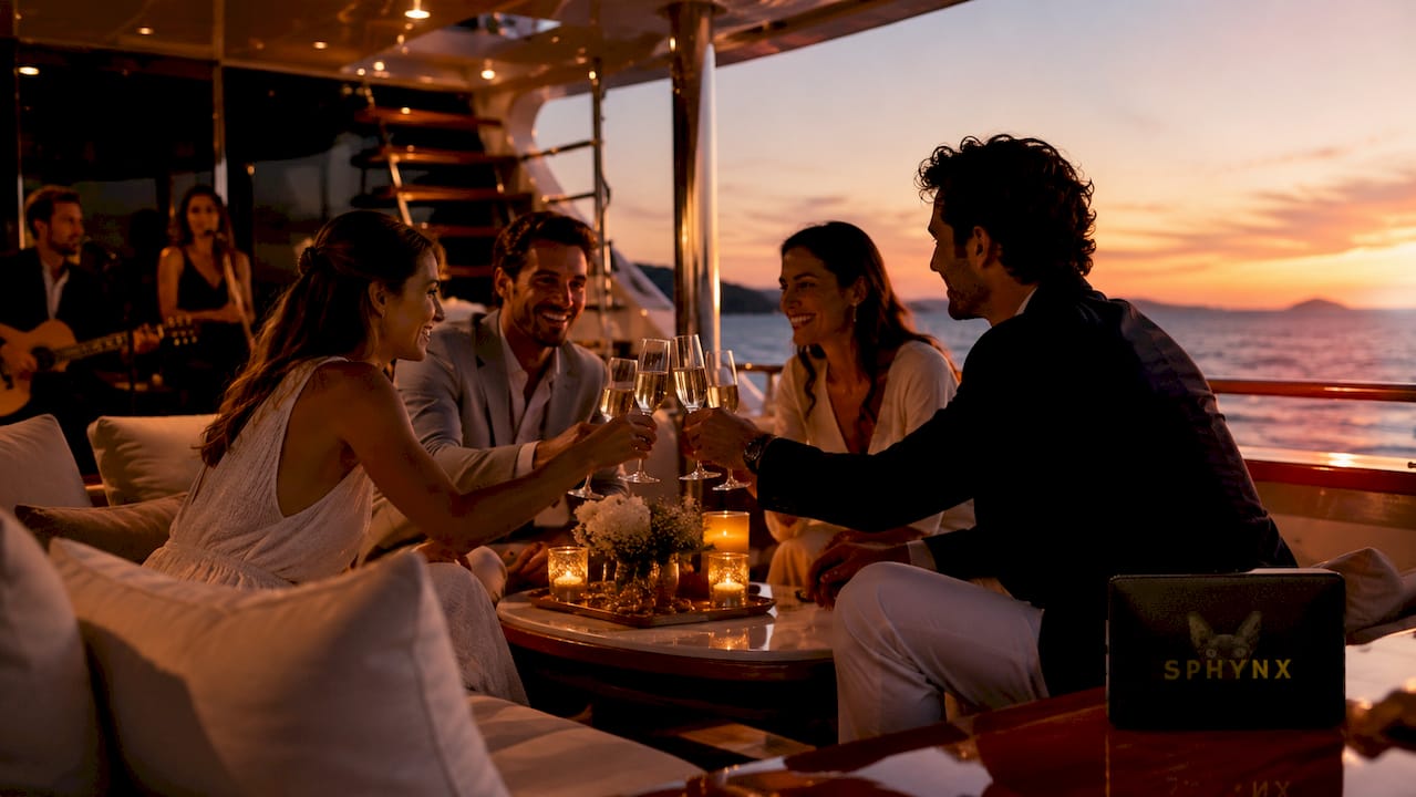 Guests socializing during event on luxury yacht deck