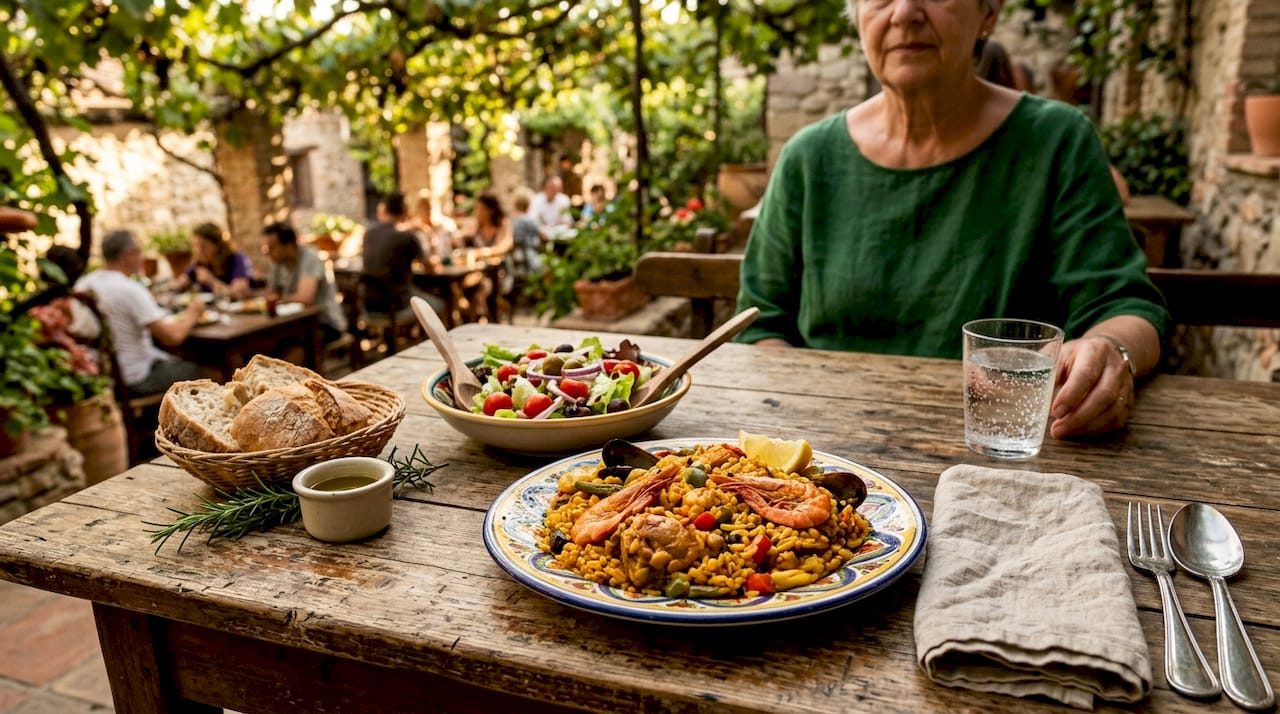 Close-up of menú del día meal on rustic table