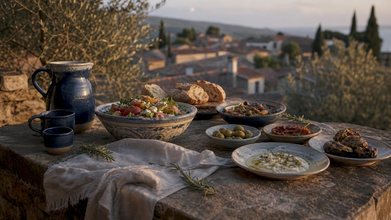 Traditional shared Mediterranean meal on stone table