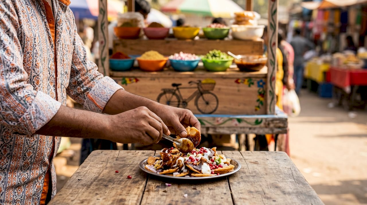 Close-up of hands preparing spicy street food