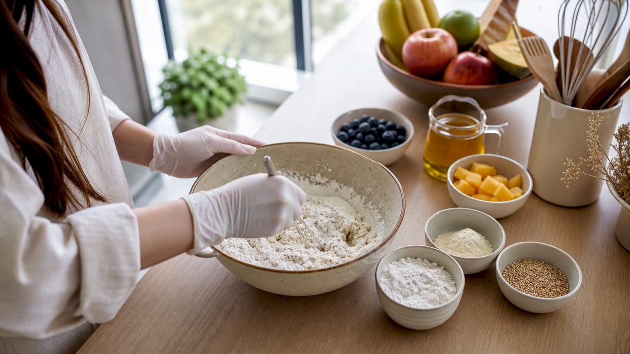 Unas manos trabajan con ingredientes libres de gluten en una cocina moderna, preparando todo con cuidado y atención.