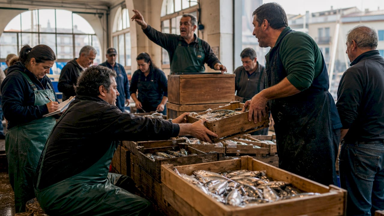 Fishermen auction fresh fish at Port Vell market