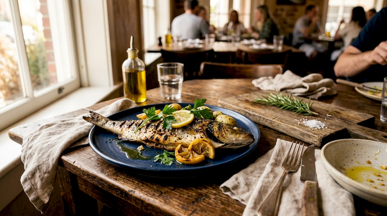 Grilled sea bass with fresh herbs and lemon
