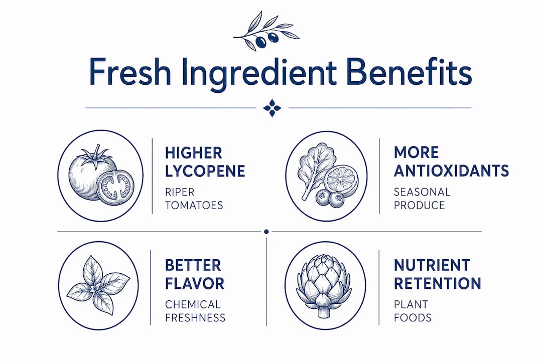 Infographic showing nutritional and flavor benefits of fresh Mediterranean ingredients