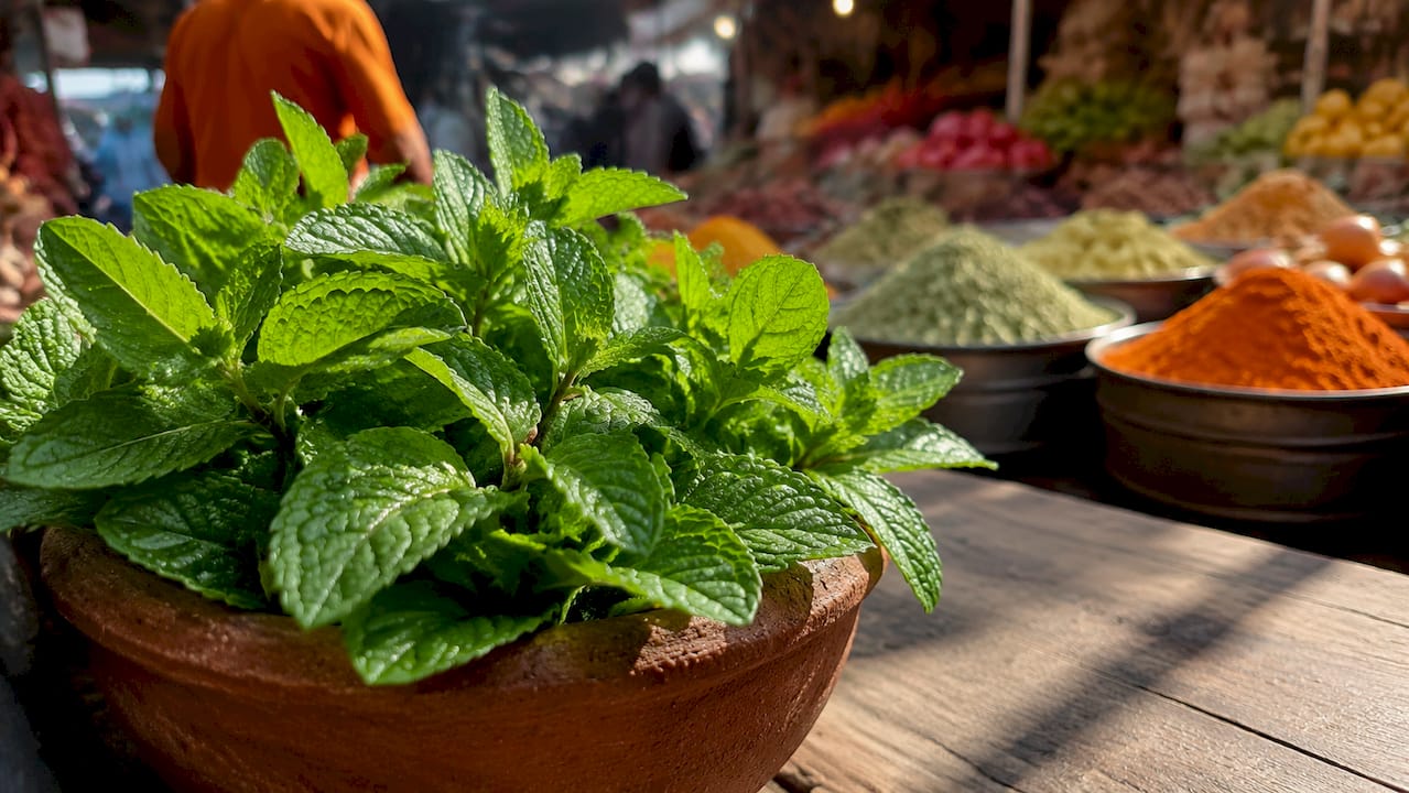 Close-up of fresh green mint leaves in basket
