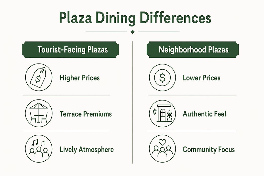 Infographic comparing tourist and neighborhood plazas dining