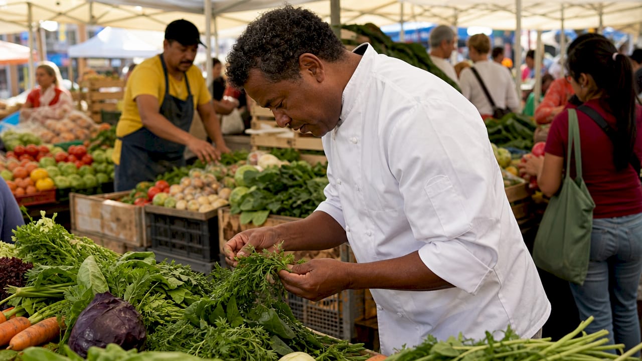 El chef inspecciona cuidadosamente los ingredientes frescos antes de comenzar a cocinar.