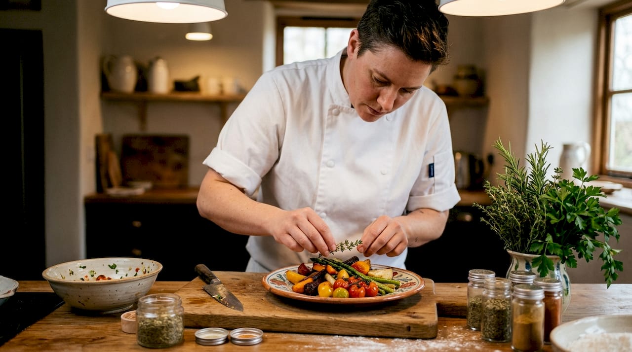 Chef preparing fresh seasonal gastrobistro plate in kitchen