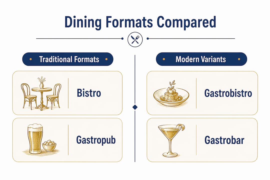 Infographic comparing dining formats: bistro, gastropub, gastrobistro, gastrobar