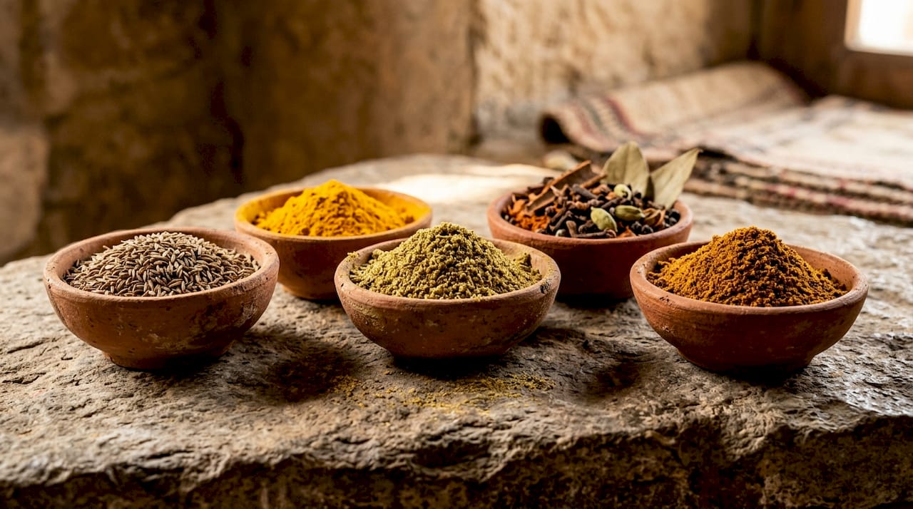 Close-up of Indian curry spices in bowls