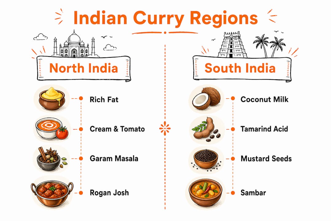 Infographic comparing North and South Indian curry characteristics