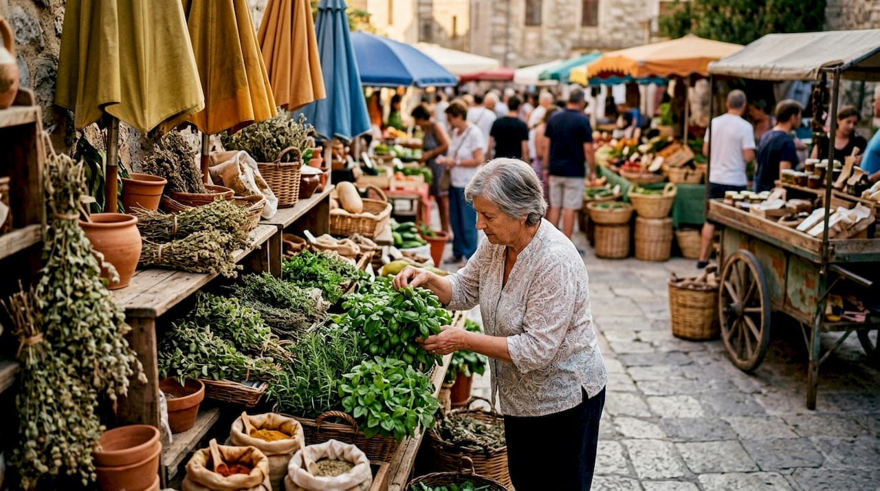 Una mujer elige frutas frescas en el mercado del barrio.
