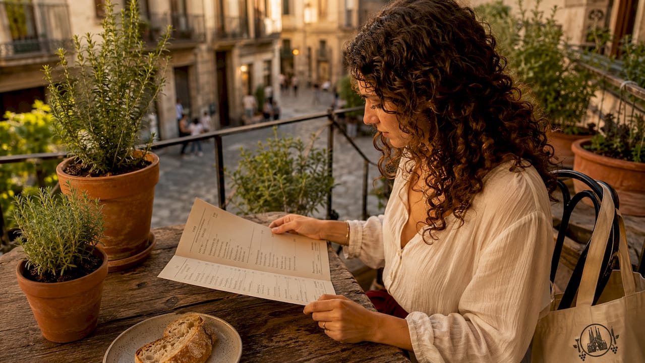 Una mujer revisa la carta mientras disfruta del sol en la terraza de un restaurante.