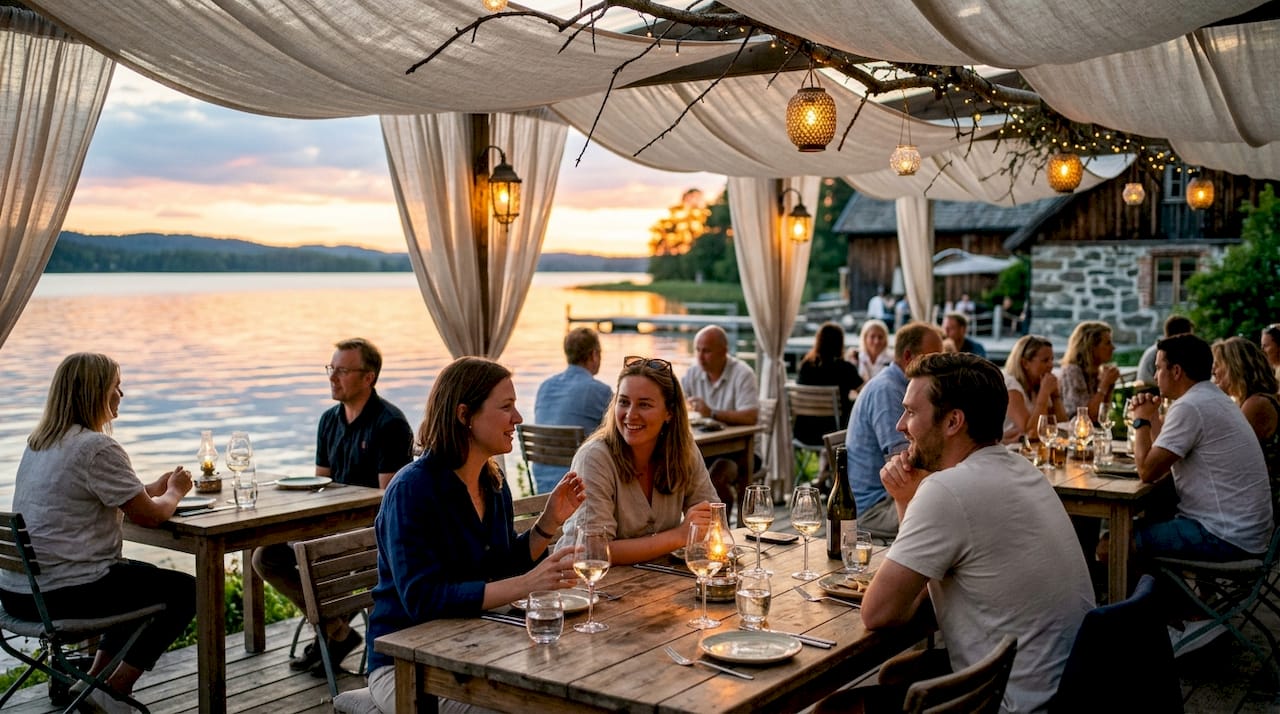 Outdoor restaurant patio with sunset on lake