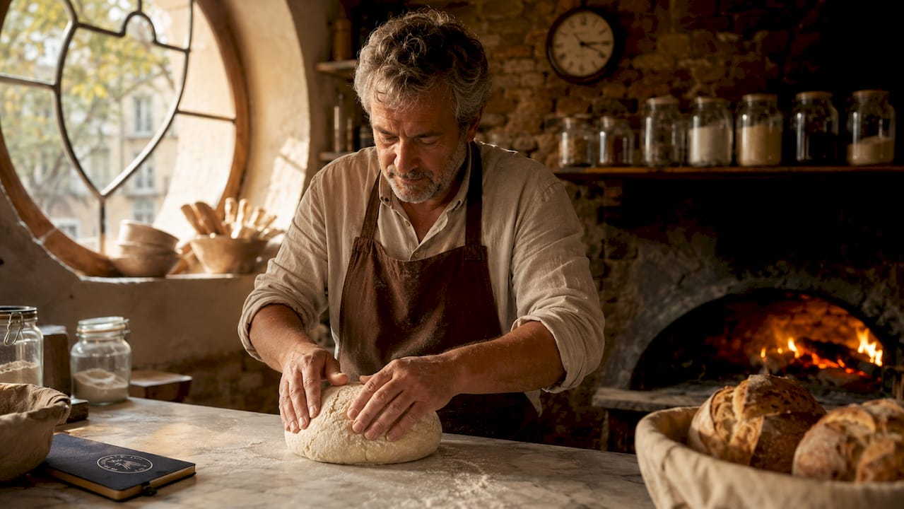 Panadero dando forma a la masa tradicional de pan de payés