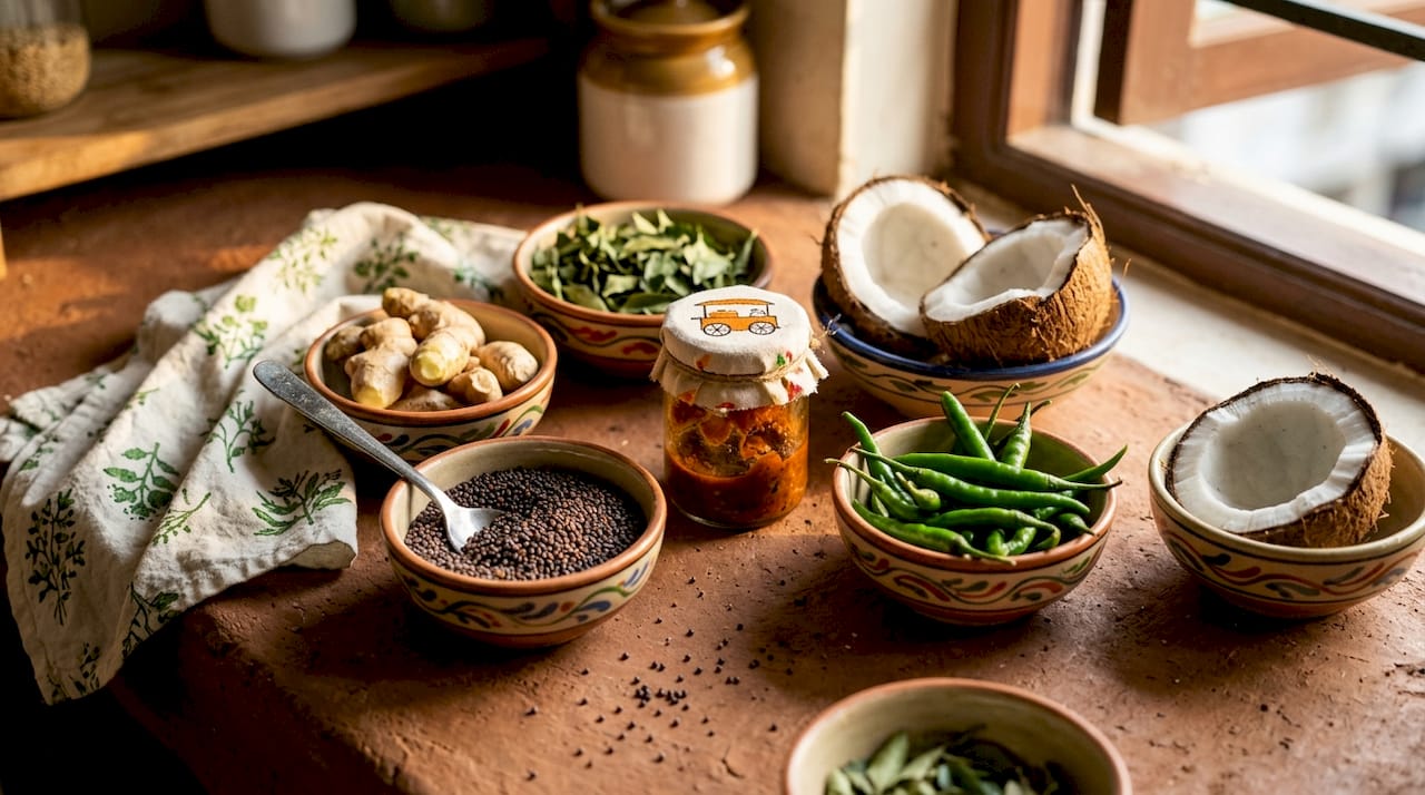 Top view of Indian regional spices and ingredients