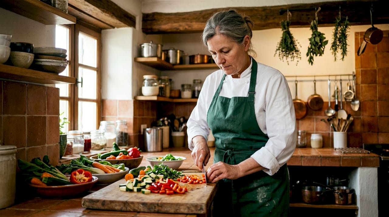 Female chef slicing fresh vegetables in kitchen
