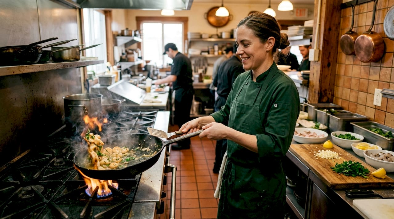 Female cook preparing shrimp scampi in seafood kitchen