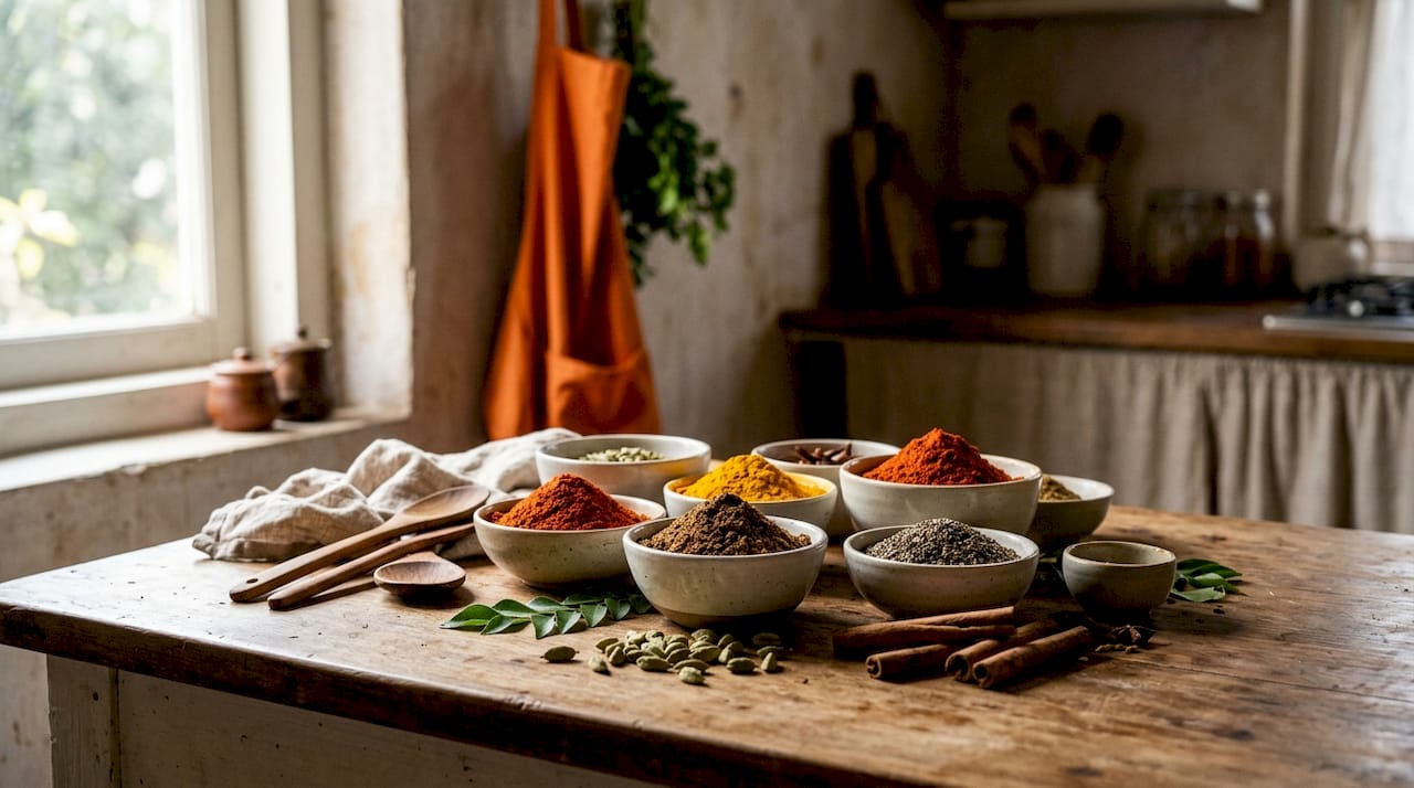 Bowls of dry masala spices top view