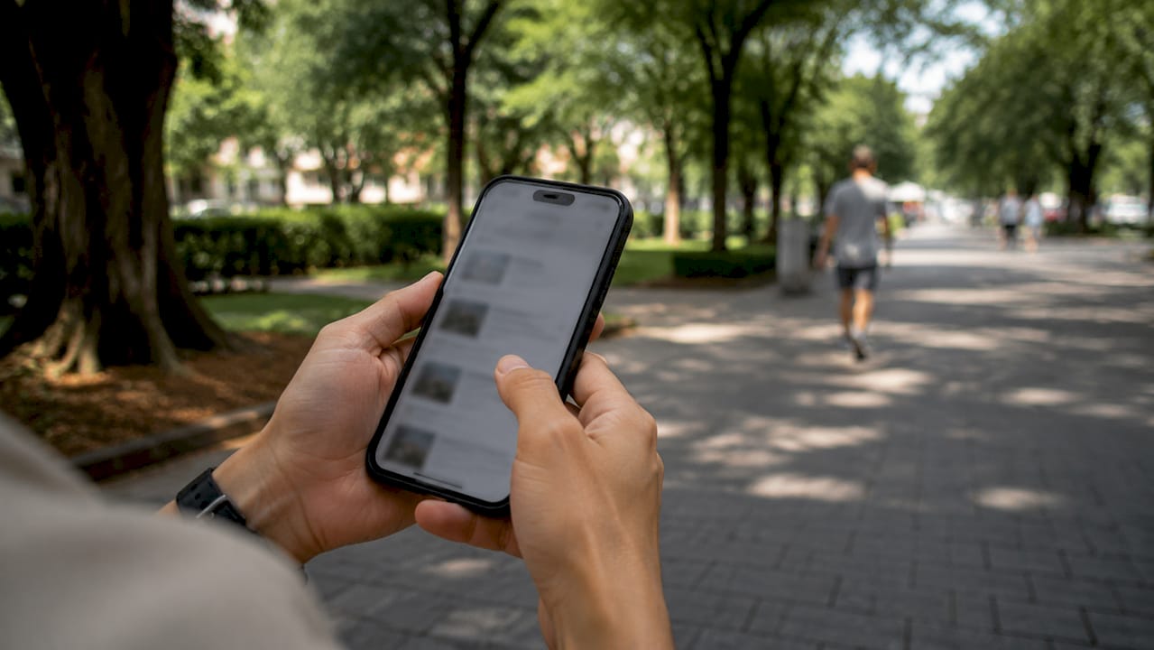 Una persona navega en su móvil buscando negocios locales.