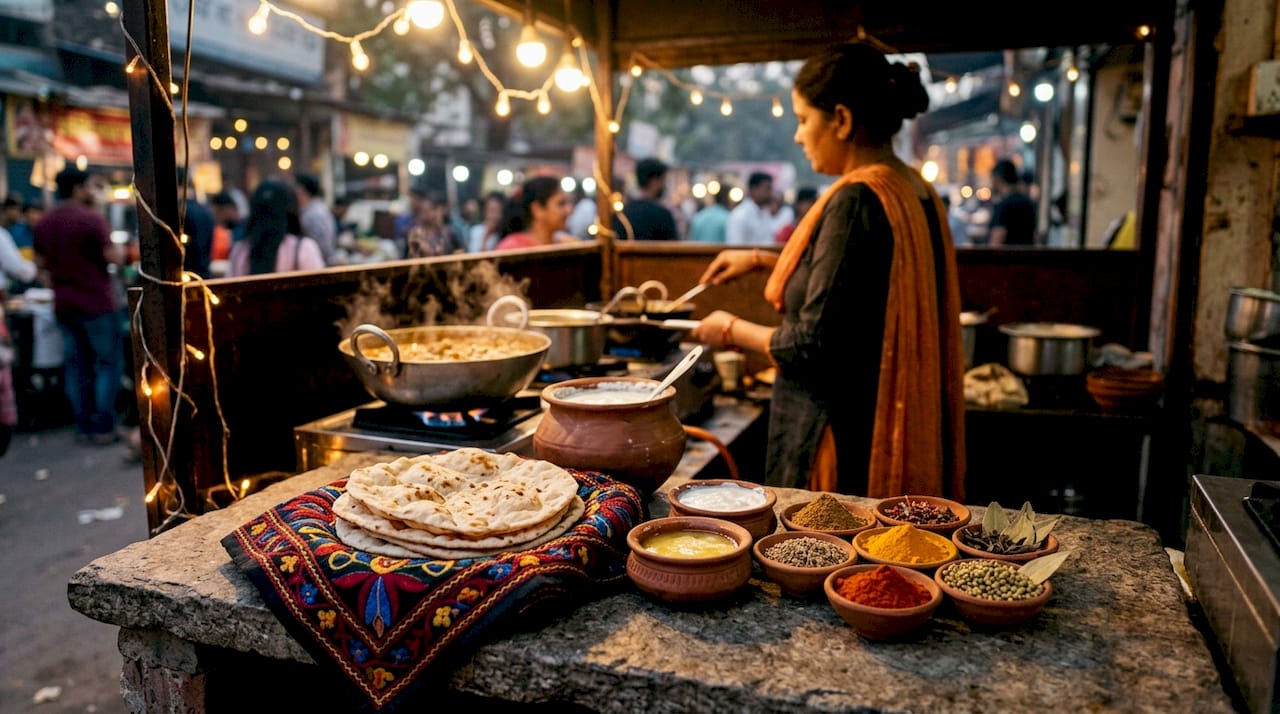 Northern Indian cuisine ingredients on wooden table