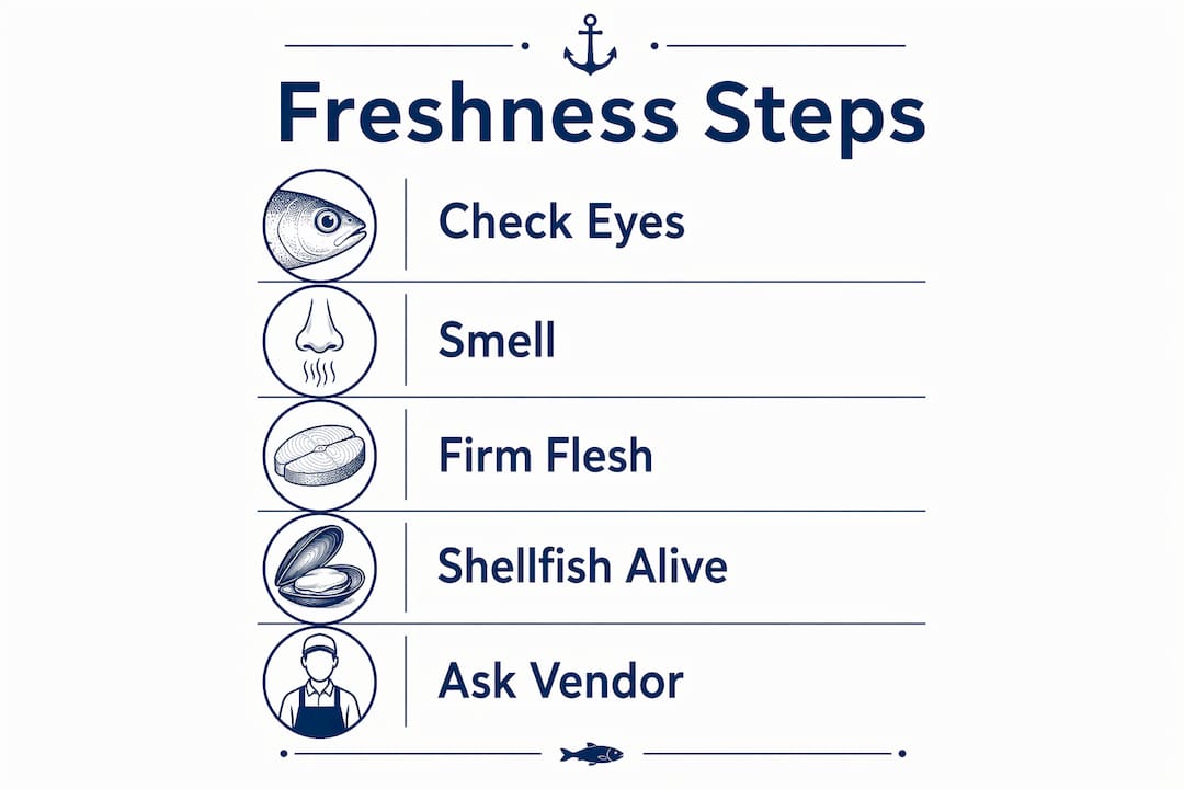 Infographic showing freshness check steps for seafood