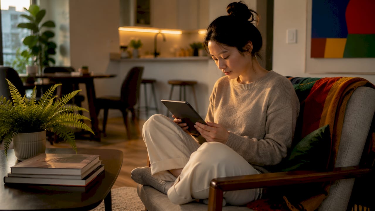 Woman relaxing in furnished rental apartment living room
