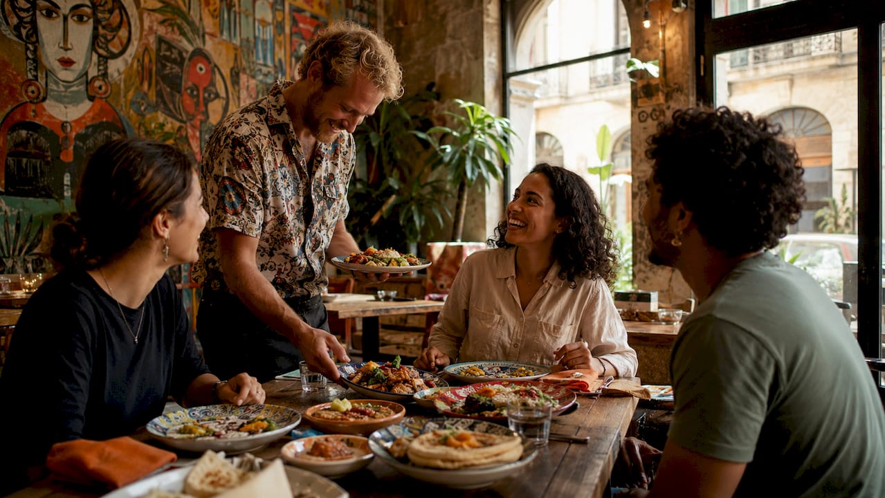 Group enjoying multicultural meal in Barcelona restaurant