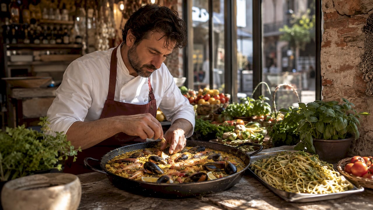 Cocinero decorando platos de paella y pasta fresca antes de servir