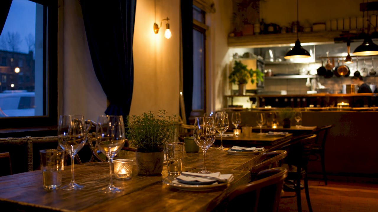 Warm lighting creating intimate restaurant atmosphere