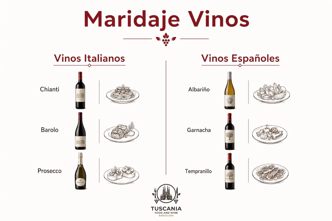 Infografía sobre las diferencias entre vinos italianos y españoles y sus mejores combinaciones gastronómicas