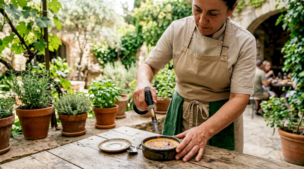 Chef torching caramel sugar on Crema Catalana