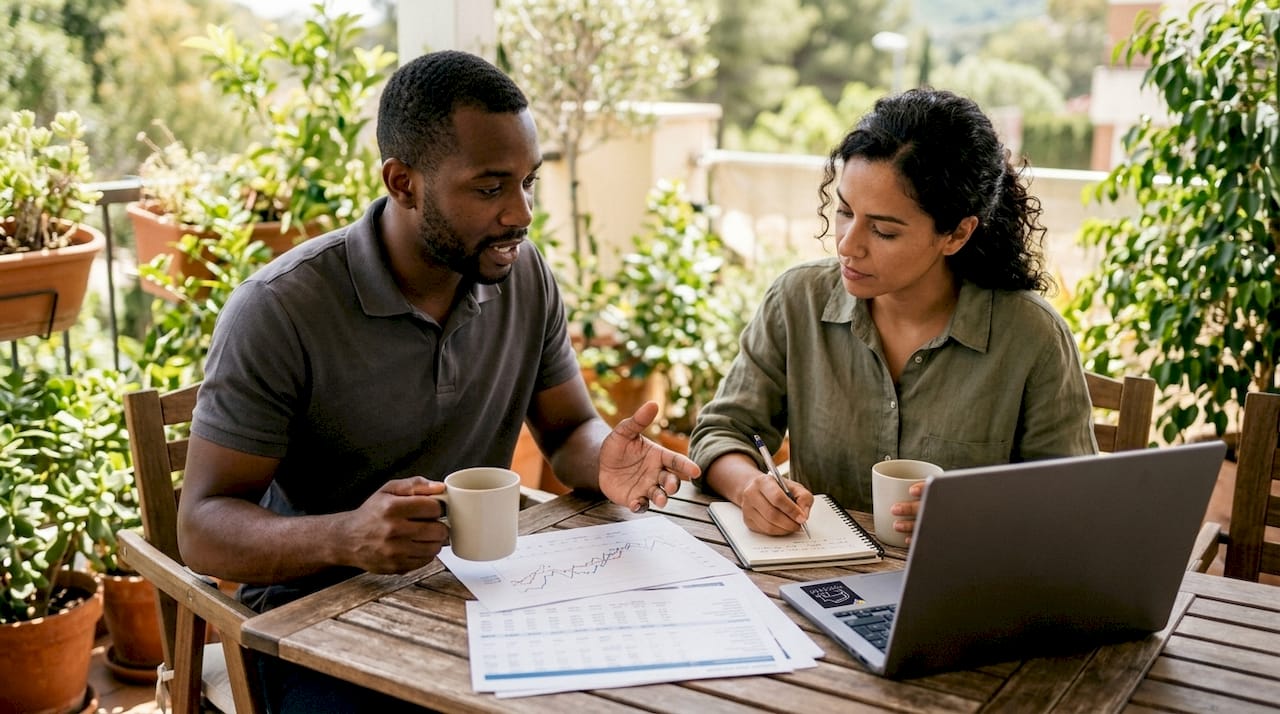 Two investors discussing market analysis documents