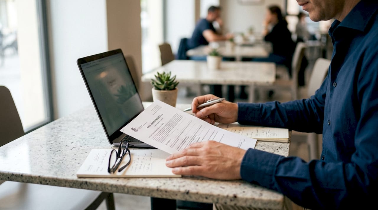 Unas manos revisan una nota simple registral sobre la mesa de trabajo.