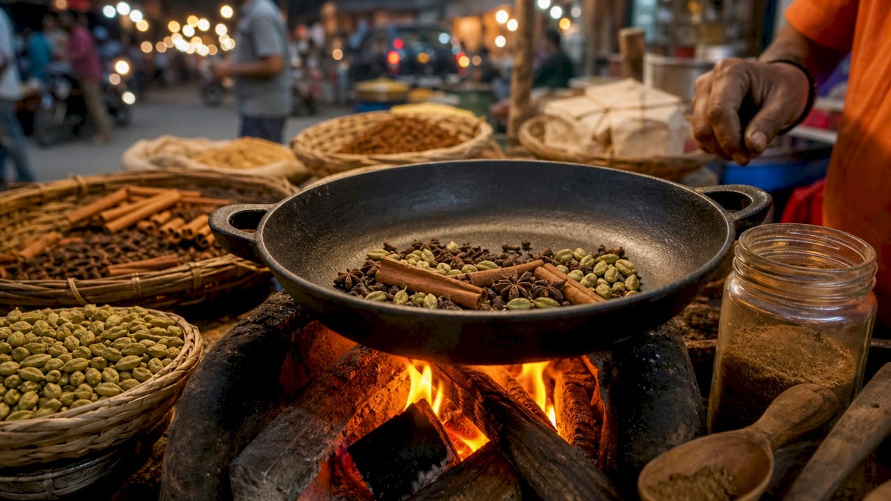 En una sartén, se están tostando las especias enteras para preparar el garam masala.