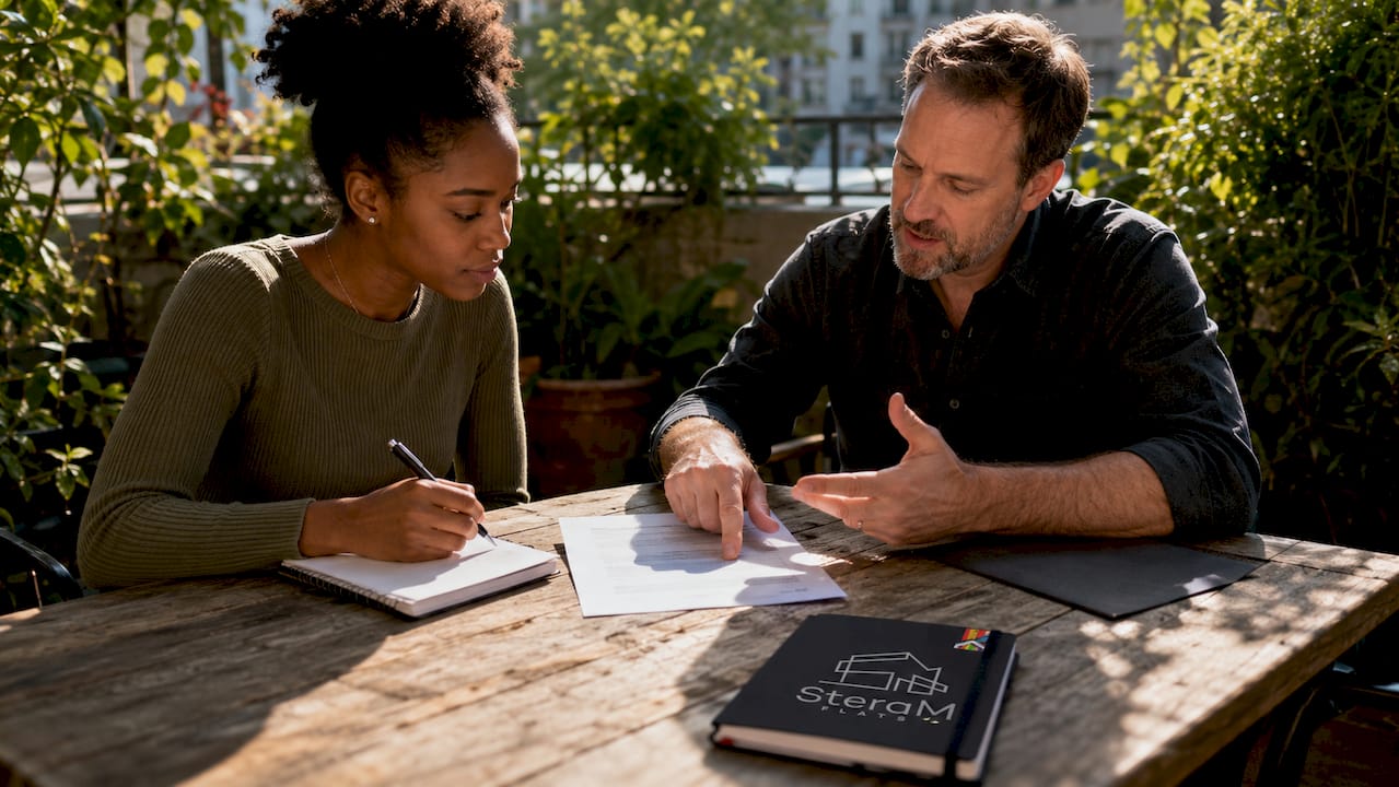 Landlord and tenant discussing lease terms