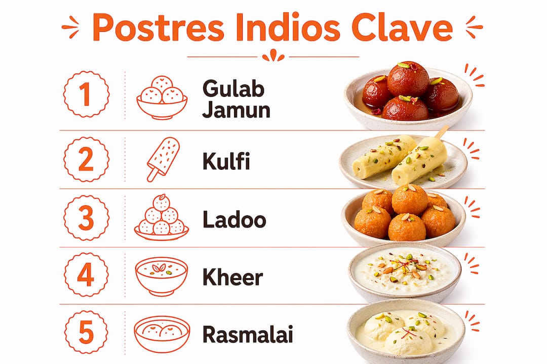 Infografía en formato vertical que explica paso a paso cómo preparar algunos de los postres típicos de la India.